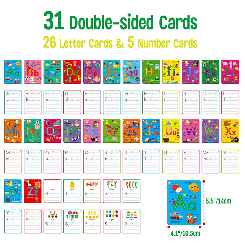 SpriteGru 31 PCS Alphabet Flash Cards Doublesided Printing Dry Erase Letters Sight Words and Number Learning Cards Letter Tracing Practice Cards for Preschool Kindergarten 2 Reclosable Rings  2 Markers - Image 2