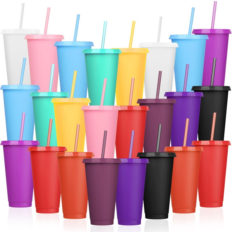 24 Pack Plastic Tumblers with Lids and Straw Reusable Cups with Lids and Straws Colorful Cups for Cold Drink Iced Coffee Plastic Tumbler Bulk for Party Birthday Gifts 24 oz Stylish Colors