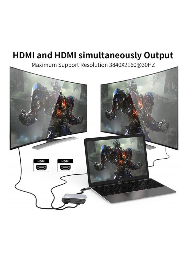 Y&D - USB C to Dual HDMI Adapter, 4 in 1 Type Hub with 2 (4K@30Hz) / USB3.0/ PD Charging, HD Screen Display USB-C Docking Station for Windows, MacOS - Image 1