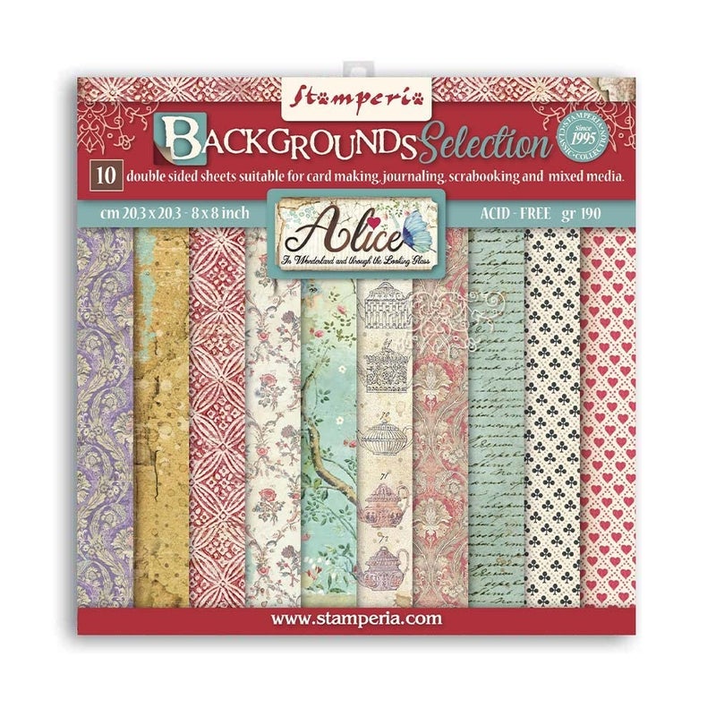 Stamperia International Mini Scrapbooking PadDouble Sided SheetsBackgrounds Selection Alice Various 8 x 8 inches