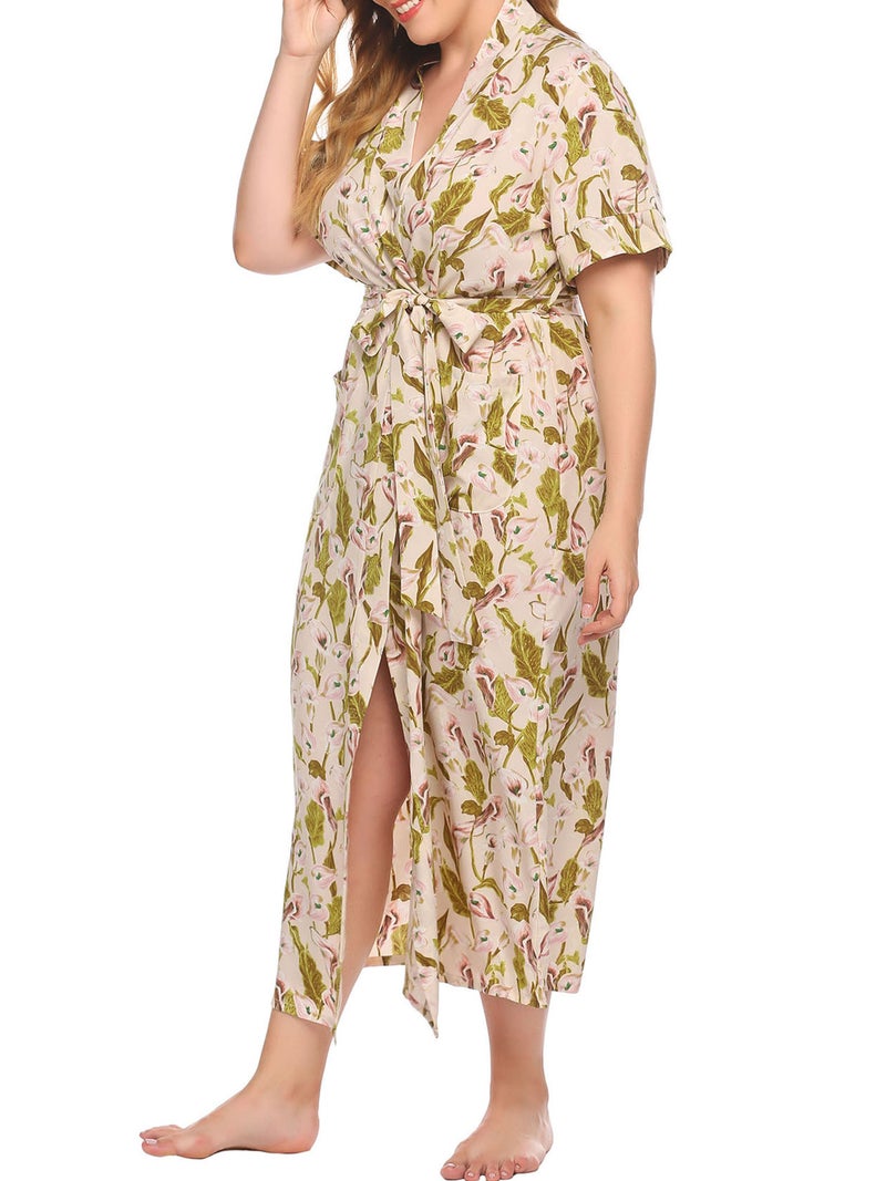 Women Lounger Robes Floral Short Sleeved Plus Size Loose Nightgowns Lounging Dress - Image 3