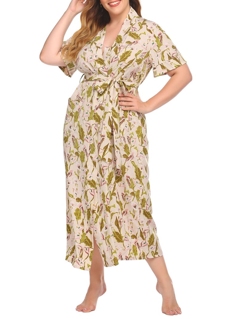 Women Lounger Robes Floral Short Sleeved Plus Size Loose Nightgowns Lounging Dress - Image 2