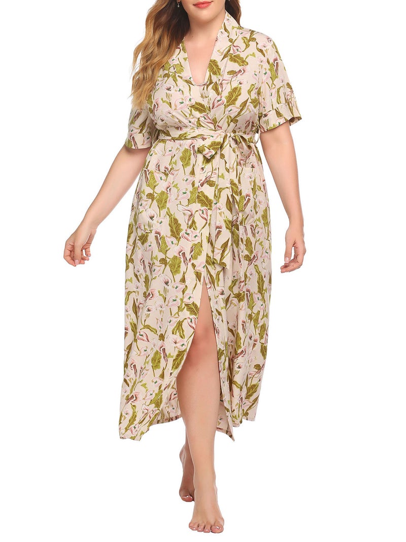 Women Lounger Robes Floral Short Sleeved Plus Size Loose Nightgowns Lounging Dress - Image 1