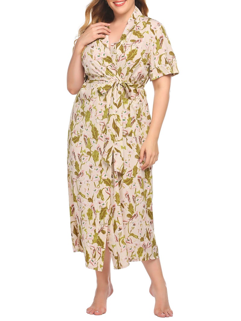 Women Lounger Robes Floral Short Sleeved Plus Size Loose Nightgowns Lounging Dress - Image 5