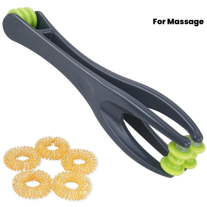 Gray Yellow 2 In 1 Finger And Hand Massager Roller With 5 Acupressure Massage Rings For Hand Palm Wrist Relaxation During Sports And Work - Image 1