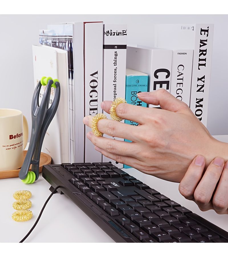 Gray Yellow 2 In 1 Finger And Hand Massager Roller With 5 Acupressure Massage Rings For Hand Palm Wrist Relaxation During Sports And Work - Image 4