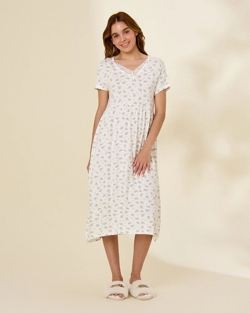 REDTAG Women White And Blue Floral Nightgown