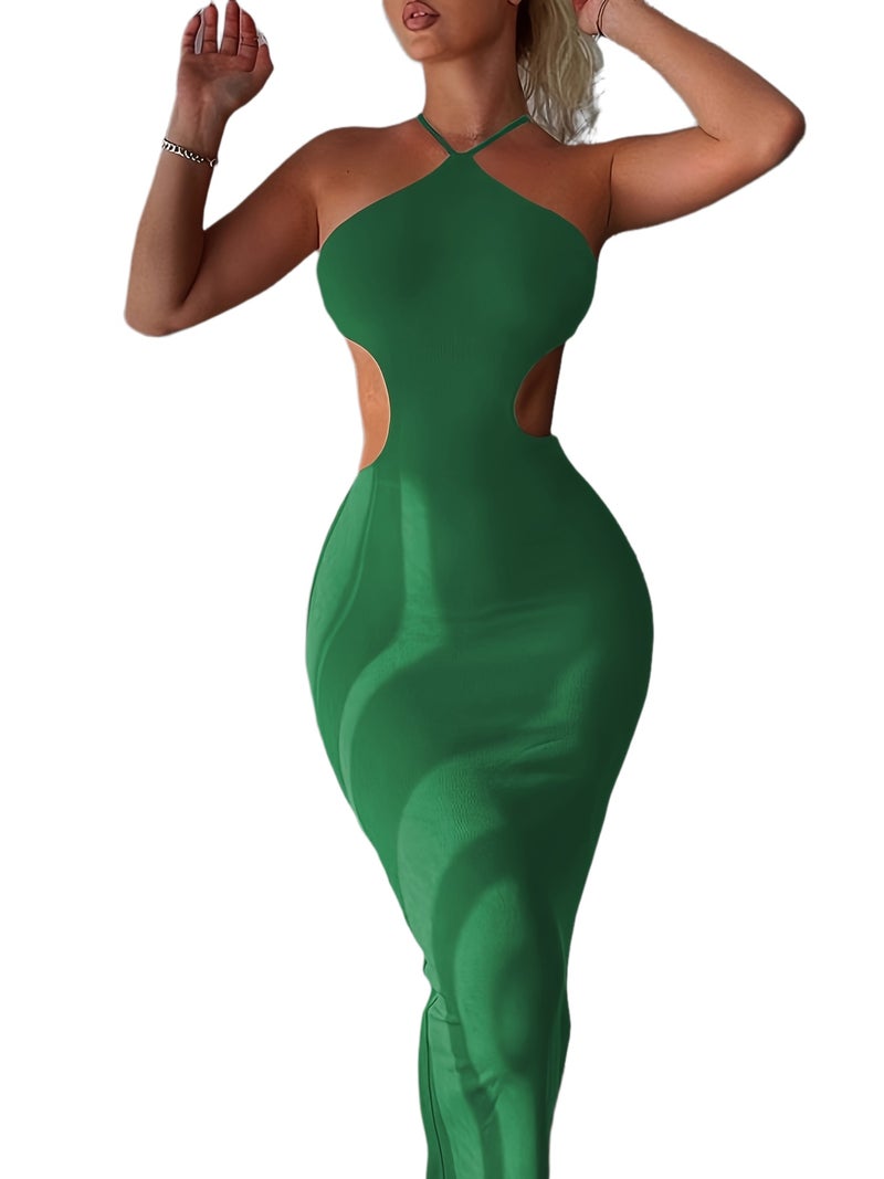 1pc Women'S Open Back Hollow Out Strap Backless Dress with Halter Neck Fitted Bodycon Dress for Layering, Commuting, And Home - Image 1
