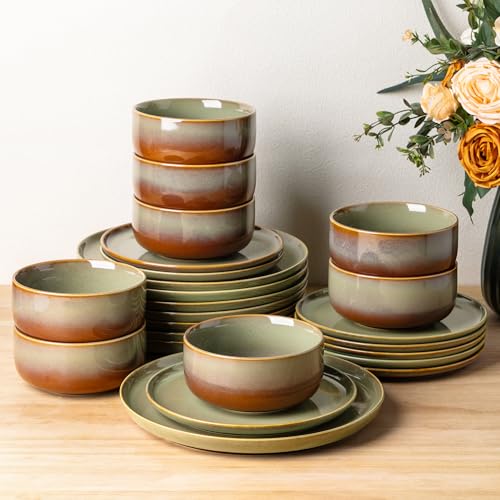TheTerra Ceramic Dinnerware Sets for 8, 24 Pieces Handmade Reactive Glaze Plates and Bowls Set, Scratch Resistant Dish Set, Oven & Microwave & Dishwasher Safe, Sage Umber - Image 1