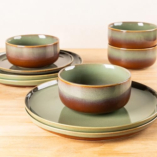 TheTerra Ceramic Dinnerware Sets for 8, 24 Pieces Handmade Reactive Glaze Plates and Bowls Set, Scratch Resistant Dish Set, Oven & Microwave & Dishwasher Safe, Sage Umber - Image 5