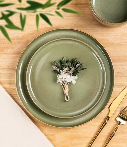 TheTerra Ceramic Dinnerware Sets for 8, 24 Pieces Handmade Reactive Glaze Plates and Bowls Set, Scratch Resistant Dish Set, Oven & Microwave & Dishwasher Safe, Sage Umber - Image 3