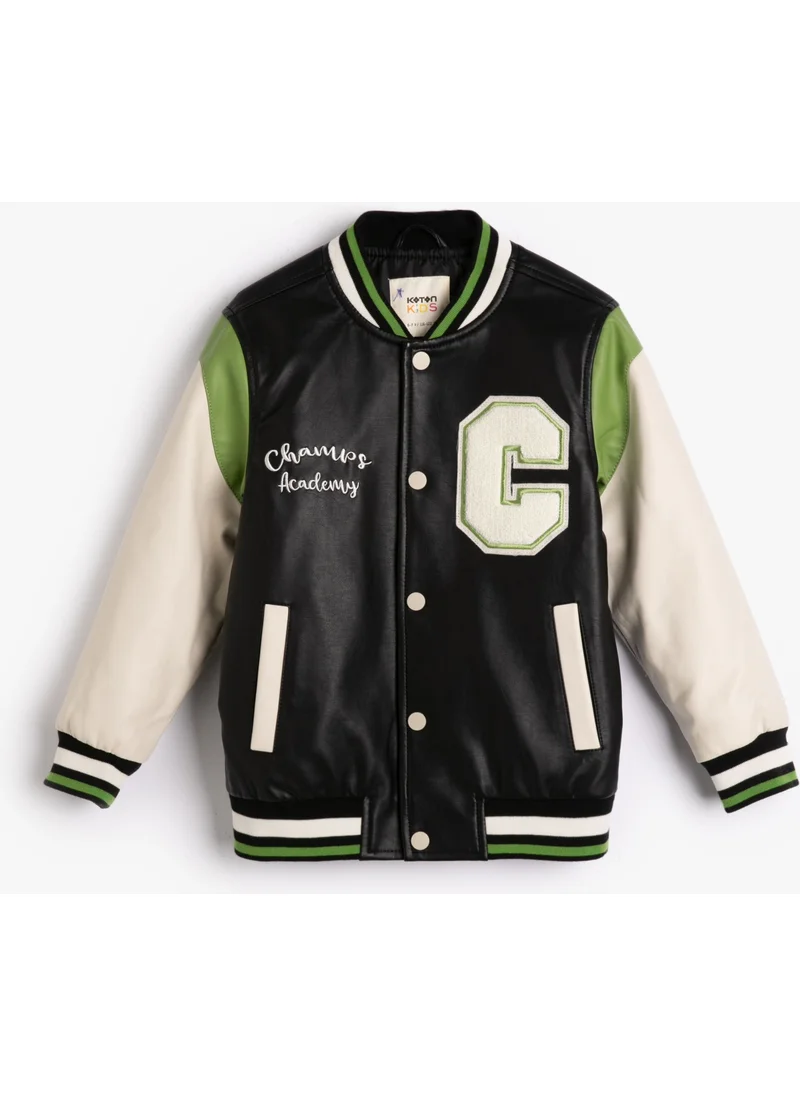 KOTON College Jacket Leather Look Applique and Pocket Detail with Snap Buttons