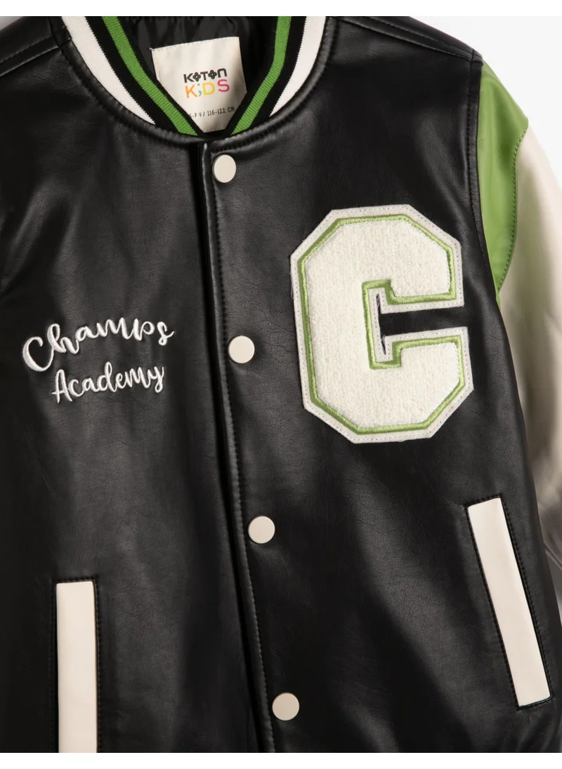 KOTON College Jacket Leather Look Applique and Pocket Detail with Snap Buttons