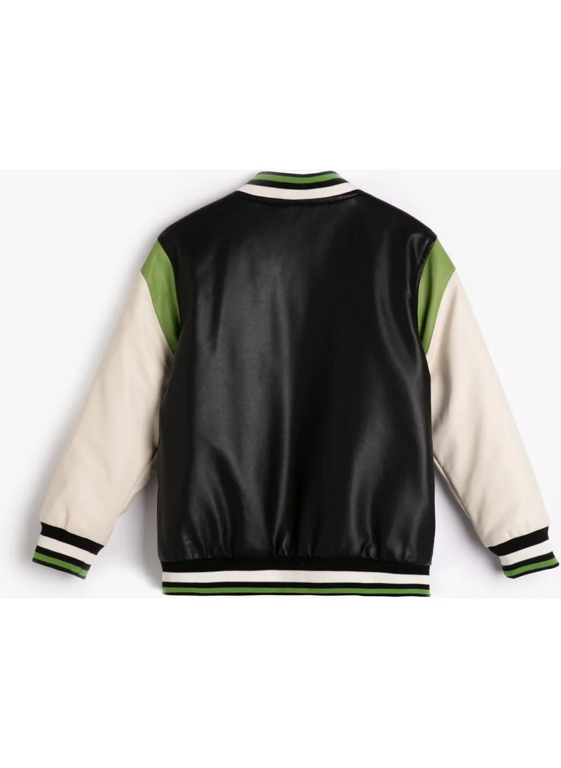 KOTON College Jacket Leather Look Applique and Pocket Detail with Snap Buttons