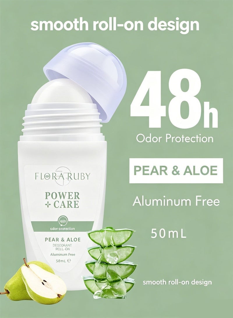 FLORA RUBY Aloe & Pear Underarm Roll On Body Deodorant 50ml | Antiperspirant with 48Hour Odor Protection | Aluminum-Free, Plant-Based Formula with Aloe Vera & Pear Extract | Smooth Roll-On for Sensitive Underarms | Portable All-Day Freshness & Dryness - Image 2