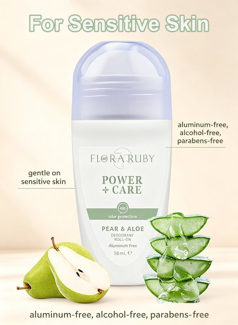 FLORA RUBY Aloe & Pear Underarm Roll On Body Deodorant 50ml | Antiperspirant with 48Hour Odor Protection | Aluminum-Free, Plant-Based Formula with Aloe Vera & Pear Extract | Smooth Roll-On for Sensitive Underarms | Portable All-Day Freshness & Dryness - Image 4
