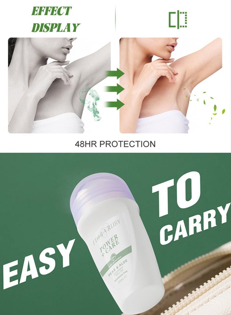 FLORA RUBY Aloe & Pear Underarm Roll On Body Deodorant 50ml | Antiperspirant with 48Hour Odor Protection | Aluminum-Free, Plant-Based Formula with Aloe Vera & Pear Extract | Smooth Roll-On for Sensitive Underarms | Portable All-Day Freshness & Dryness - Image 5