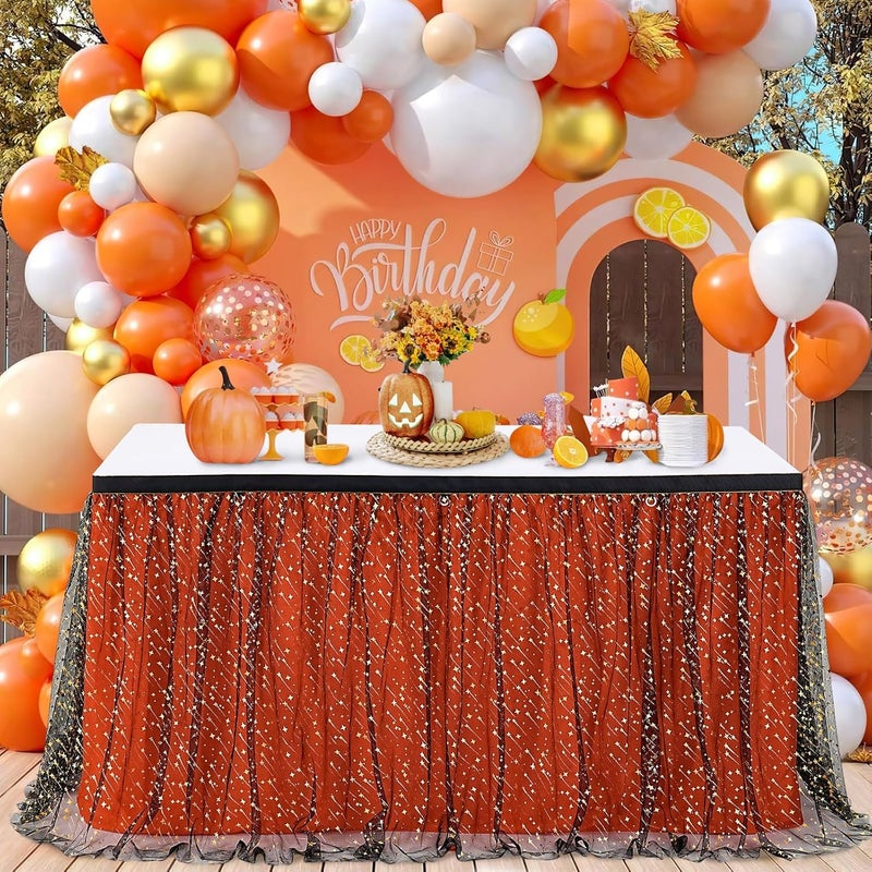 QueenDream Tulle Table Skirts Black Orange Halloween Tutu Table Cloth 9ft with LED for Round Rectangle Tables Banquet Birthday Party Graduation - Image 3