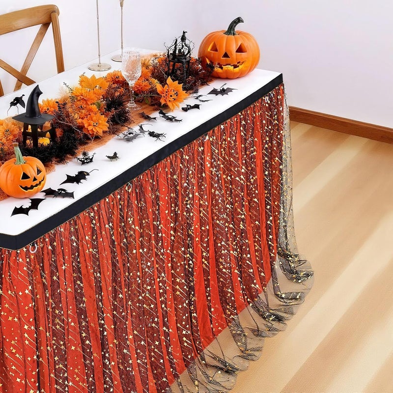 QueenDream Tulle Table Skirts Black Orange Halloween Tutu Table Cloth 9ft with LED for Round Rectangle Tables Banquet Birthday Party Graduation - Image 4