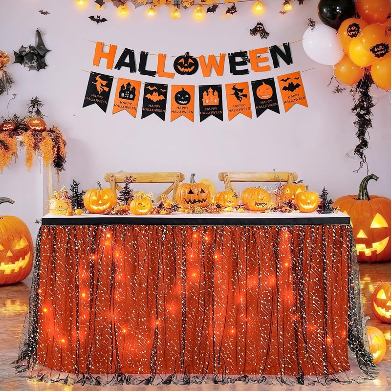 QueenDream Tulle Table Skirts Black Orange Halloween Tutu Table Cloth 9ft with LED for Round Rectangle Tables Banquet Birthday Party Graduation - Image 1