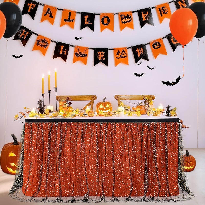 QueenDream Tulle Table Skirts Black Orange Halloween Tutu Table Cloth 9ft with LED for Round Rectangle Tables Banquet Birthday Party Graduation - Image 2