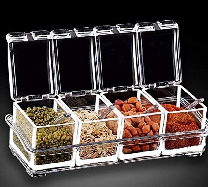 CRYSTAL SEASONING ACRYLIC BOX PEPPER SALT SPICE RACK PLASTIC 4 BOX WITH SPOONSPACK OF 1