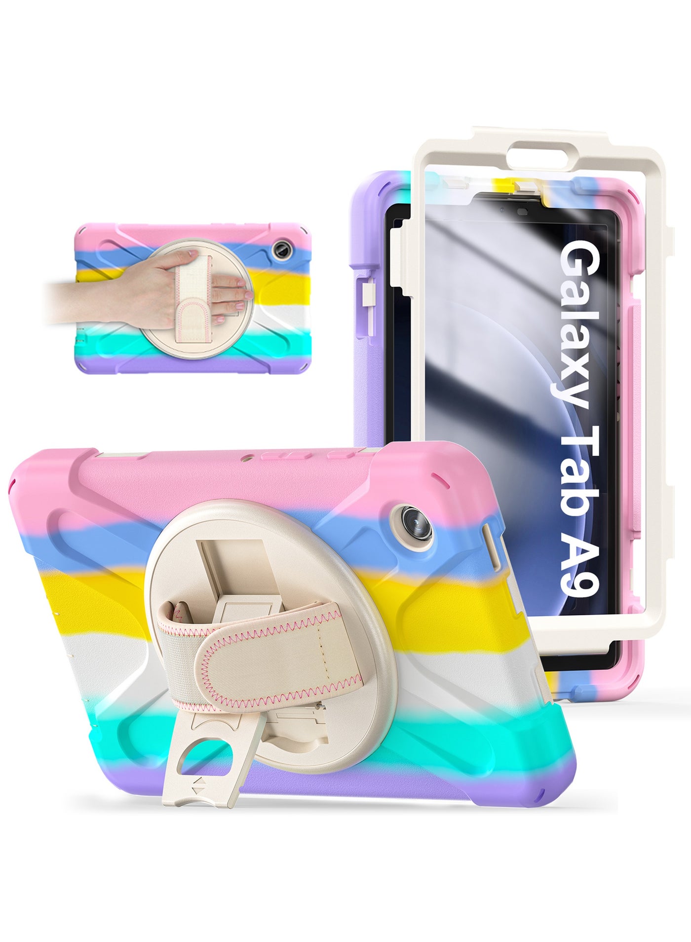 Rock Pow Samsung Galaxy Tab A9 Case 8.7 Inch 2023 SM-X110/X115/X117 for Kids with Screen Protector | Heavy Duty Shockproof Case with Rotating Stand Hand Strap for Galaxy Tab A9 Tablet 2023