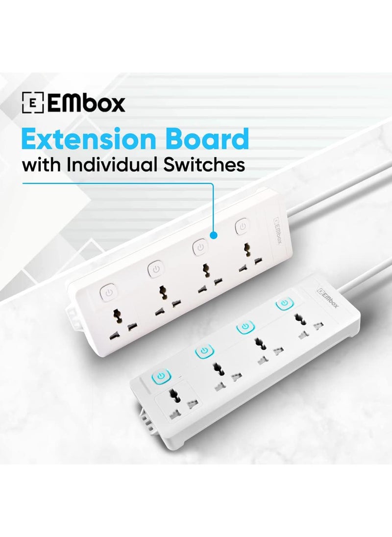 EMBOX - EMBOX 10A Extension Board with Individual Switch 4 SocketsSpike Guard with 3 Meter CablePower Strip Extension Cord with Safety Shutter and Indicator2500W - Image 1