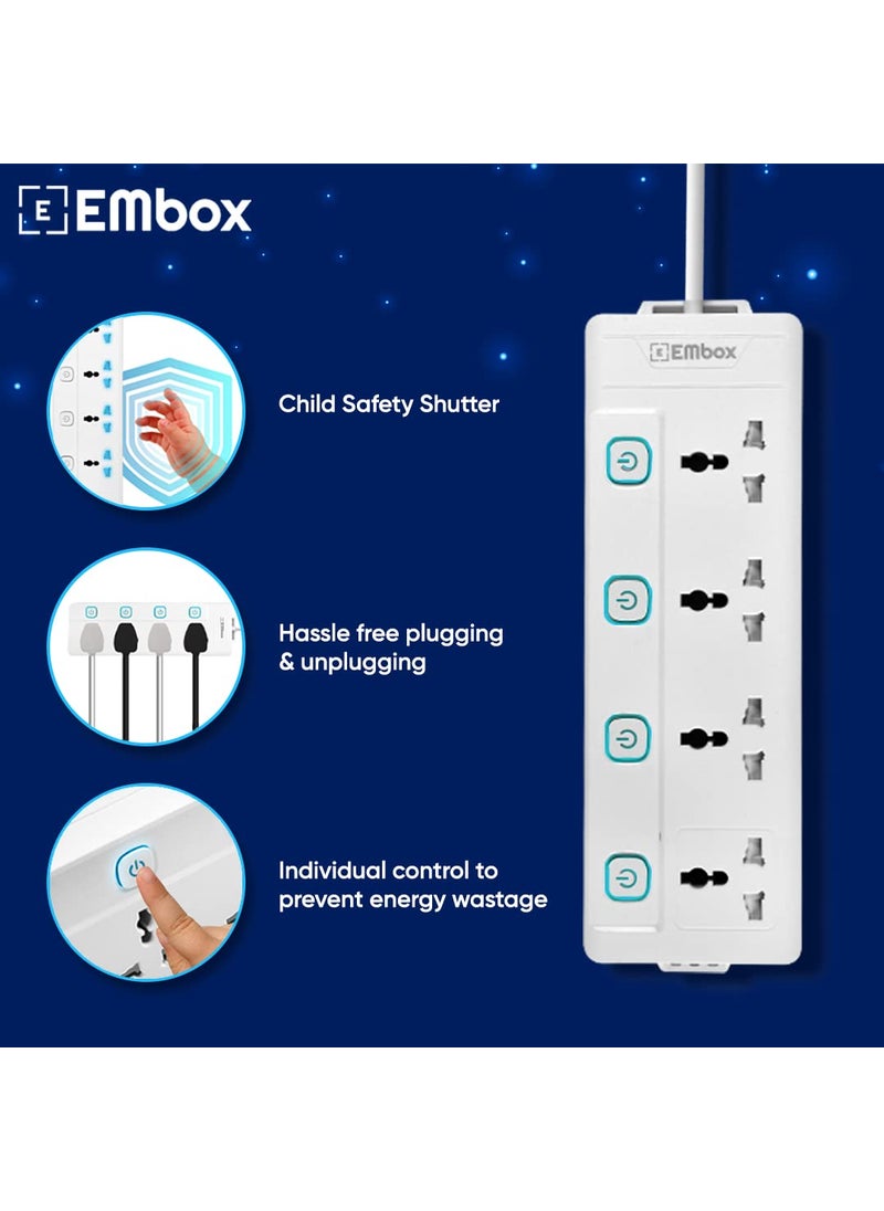 EMBOX - EMBOX 10A Extension Board with Individual Switch 4 SocketsSpike Guard with 3 Meter CablePower Strip Extension Cord with Safety Shutter and Indicator2500W - Image 1