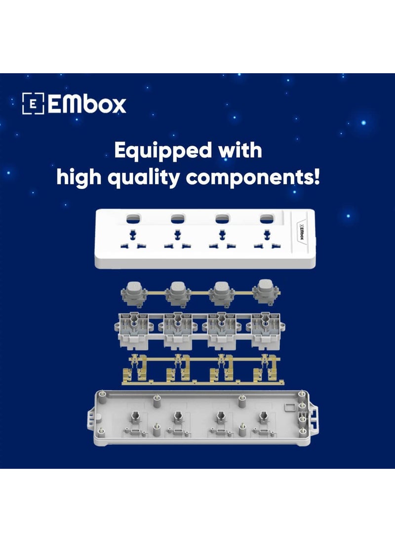 EMBOX - EMBOX 10A Extension Board with Individual Switch 4 SocketsSpike Guard with 3 Meter CablePower Strip Extension Cord with Safety Shutter and Indicator2500W - Image 1