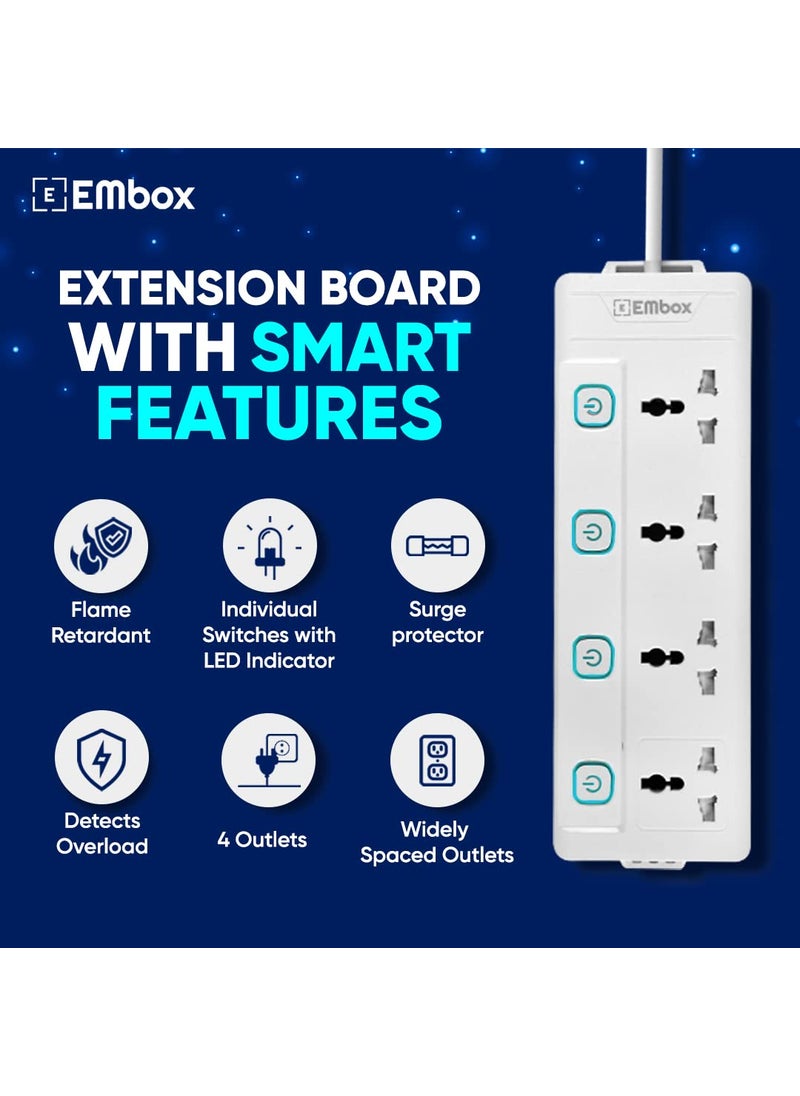 EMBOX - EMBOX 10A Extension Board with Individual Switch 4 SocketsSpike Guard with 3 Meter CablePower Strip Extension Cord with Safety Shutter and Indicator2500W - Image 1