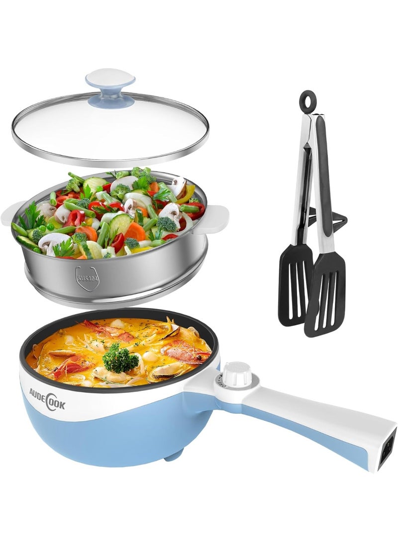 Audecook Electric Hot Pot with Steamer, 1.7L/20cm Multi-Functional Cooker Non-Stick Frying Pan Portable Electric Skillet for Dorm Office for Ramen, Steak, Sauté and Steam - Image 1