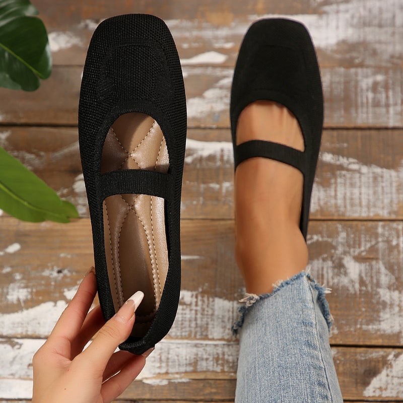 2026 New Large-Size Hollow-Out Fly-Knit Flat Shoes For Women, Breathable Slip-On Square-Toe Work Shoes For All Seasons - Image 1