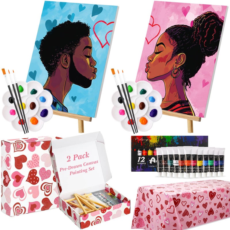 Resurhang 15 Pcs Valentines Sip and Paint Kit for Couples Date Night Pre Drawn Canvas Painting Kit Supplies Pre Printed Stretch Canvas for Anniversary Adults Paint Party(Loving Couples) - Image 1