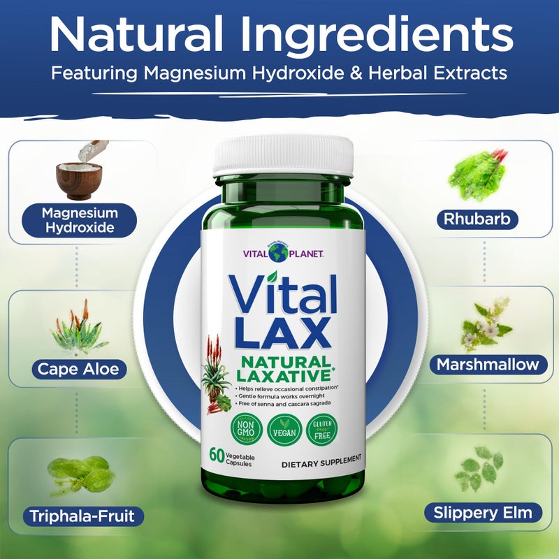 Vital Planet - Vital Lax Natural Laxative Cleanse Supplement for Occasional Constipation, with Magnesium Hydroxide, Slippery Elm, Aloe, and Triphala to Support Bowel Regularity 60 Capsules - Image 2