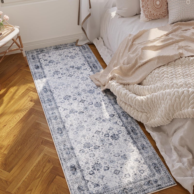 Rugcomf Runner Rug 2'6''x8' Hallway Washable Boho Soft Area Rug Non-Slip Faux Wool Vintage for Kitchen, Entryway, Laundry, Bedroom, Indoor (Grey and White) - Image 3