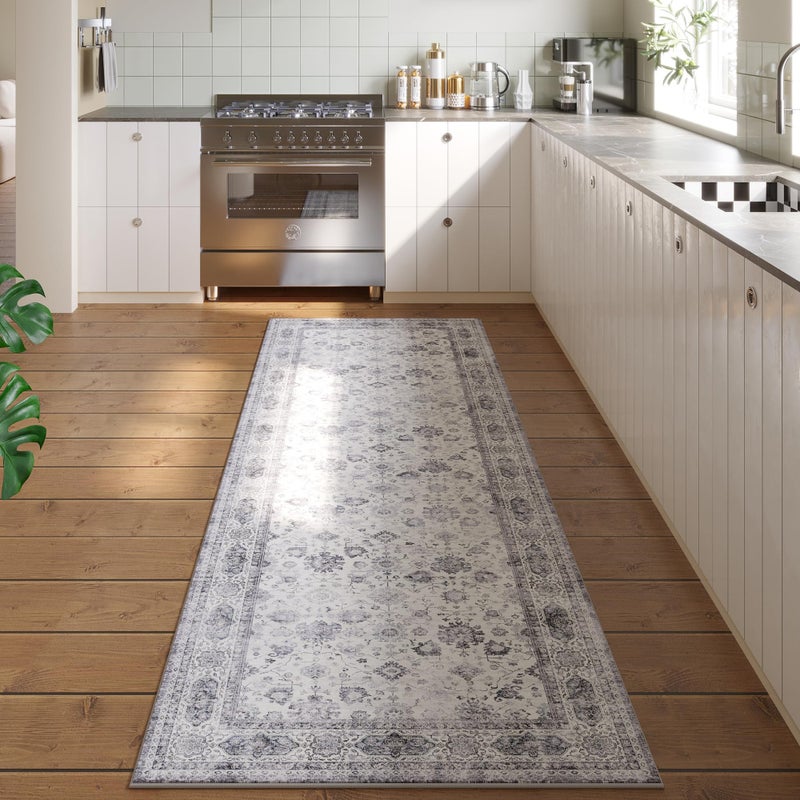 Rugcomf Runner Rug 2'6''x8' Hallway Washable Boho Soft Area Rug Non-Slip Faux Wool Vintage for Kitchen, Entryway, Laundry, Bedroom, Indoor (Grey and White) - Image 1