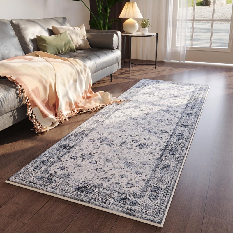 Rugcomf Runner Rug 2'6''x8' Hallway Washable Boho Soft Area Rug Non-Slip Faux Wool Vintage for Kitchen, Entryway, Laundry, Bedroom, Indoor (Grey and White) - Image 4