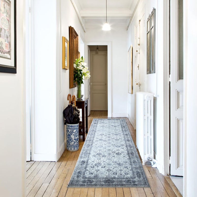 Rugcomf Runner Rug 2'6''x8' Hallway Washable Boho Soft Area Rug Non-Slip Faux Wool Vintage for Kitchen, Entryway, Laundry, Bedroom, Indoor (Grey and White) - Image 2