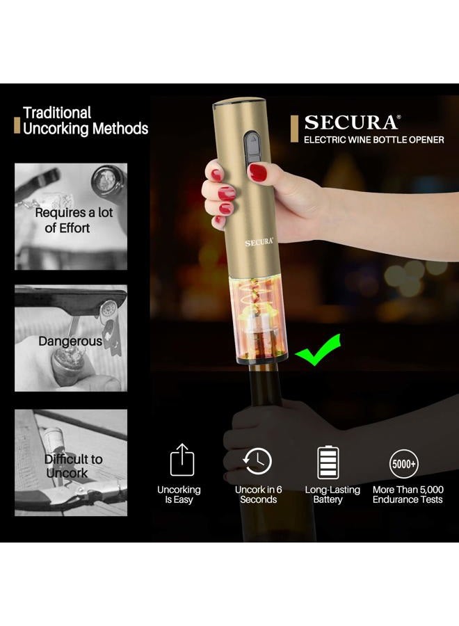 Secura Electric Wine Opener, Automatic Bottle Corkscrew Opener with Foil Cutter, Refillable (Champagne Gold) - Image 2