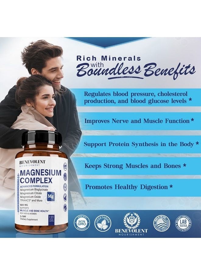 BENEVOLENT NOURISHMENT - Best Magnesium Complex 500mg - 5 Types of Magnesium Glycinate, Oxide, Taurate, Chelate, Magnesium Citrate. Max Absorption Magnesium Supplement for Calm, Sleep, Leg Cramps, Headaches - 4 Months Supply - Image 1