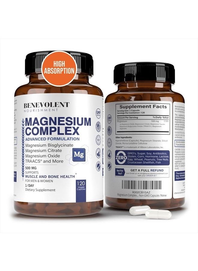 BENEVOLENT NOURISHMENT - Best Magnesium Complex 500mg - 5 Types of Magnesium Glycinate, Oxide, Taurate, Chelate, Magnesium Citrate. Max Absorption Magnesium Supplement for Calm, Sleep, Leg Cramps, Headaches - 4 Months Supply - Image 1