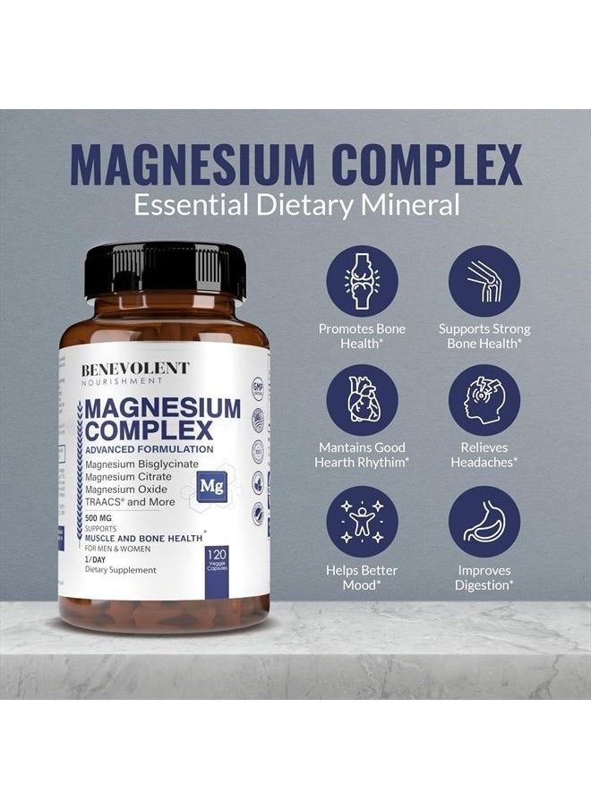 BENEVOLENT NOURISHMENT - Best Magnesium Complex 500mg - 5 Types of Magnesium Glycinate, Oxide, Taurate, Chelate, Magnesium Citrate. Max Absorption Magnesium Supplement for Calm, Sleep, Leg Cramps, Headaches - 4 Months Supply - Image 1