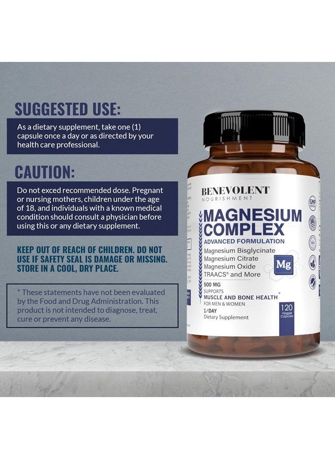 BENEVOLENT NOURISHMENT - Best Magnesium Complex 500mg - 5 Types of Magnesium Glycinate, Oxide, Taurate, Chelate, Magnesium Citrate. Max Absorption Magnesium Supplement for Calm, Sleep, Leg Cramps, Headaches - 4 Months Supply - Image 1