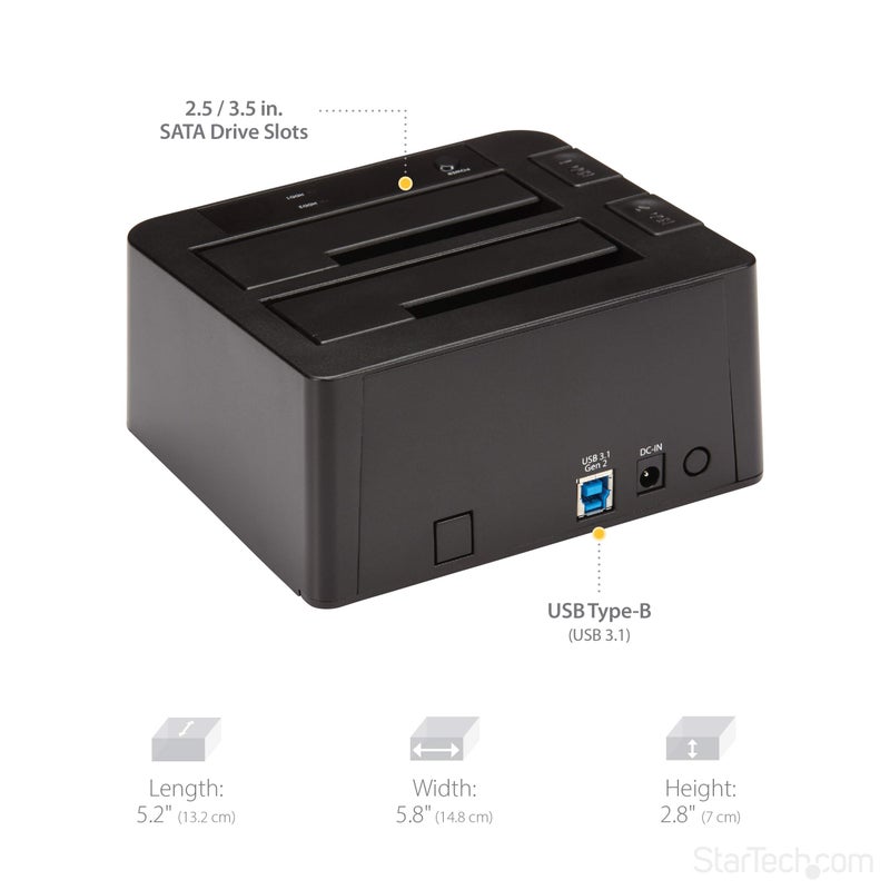 StarTech.com Dual-Bay USB 3.1 to SATA Hard Drive Docking Station, USB 3.1 (10 Gbps), External 2.5/3.5" SATA I/II/III, SSD/HDD Docking Station, Hot-Swap Hard Drive Bay, Top-Loading (SDOCK2U313) - Image 5
