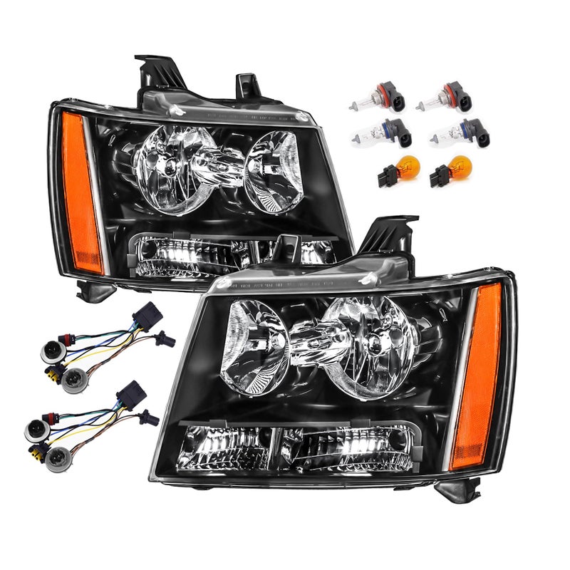 مجموعة مصابيح أمامية مع أسلاك توصيل متوافقة مع 2007-2013 شيفروليه تاهو أفالانش سوبربان أسود مع سكن برتقالي
