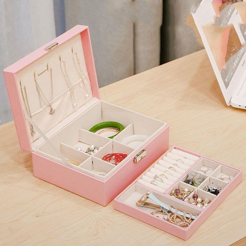 ketmart Jewelry Box Organizer for Women Girls,Large PU Leather Jewellery Storage Case with 2 Layers Display Holder & Removeable Tray for Earrings Rings Necklaces Bracelets(Color- Pink) - Image 3