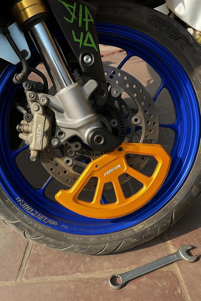 Pit Stop Motorcycle Front Brake Disc Guard, Universal Rotor Protector, Gold Aluminium, Blue Wheel Compatible (Golden) - Image 2