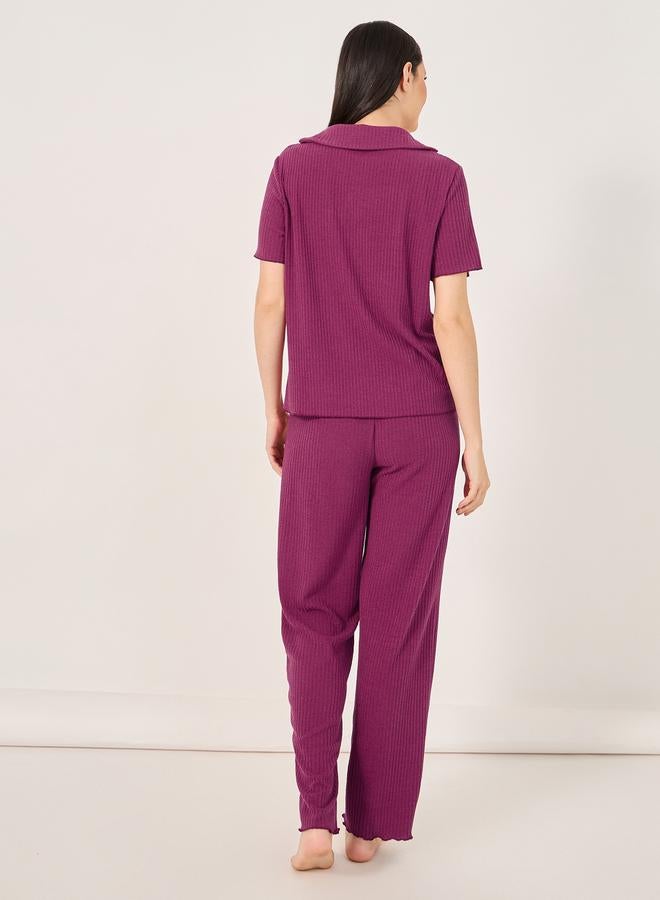 Styli Brushed Rib Lettuce Edge Shirt and Pyjama Set  - Image 4