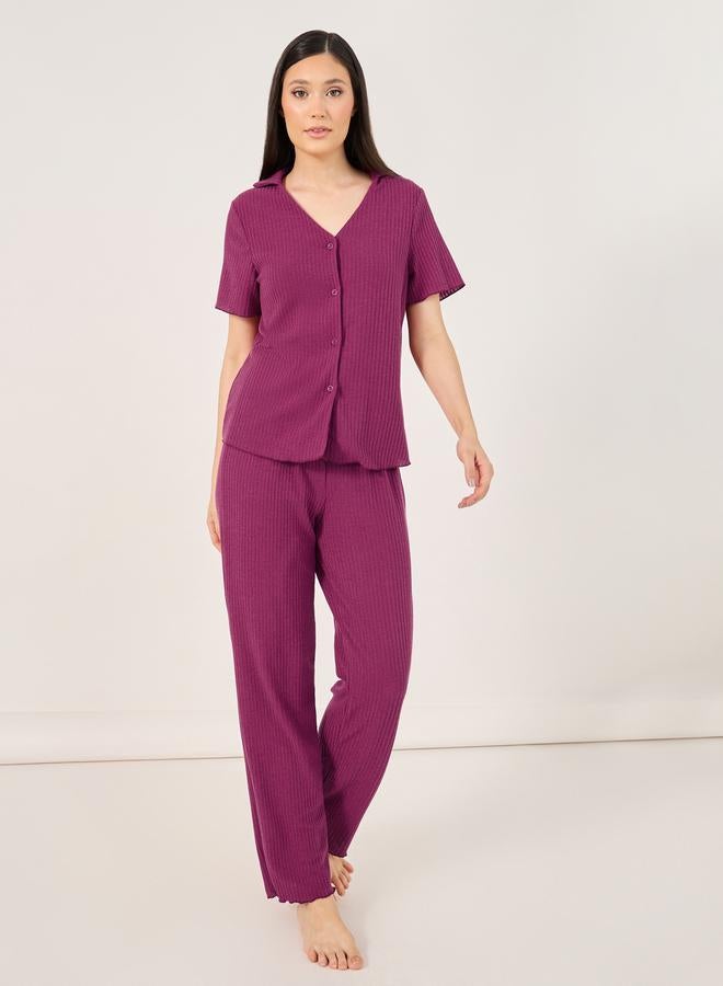 Styli Brushed Rib Lettuce Edge Shirt and Pyjama Set  - Image 1